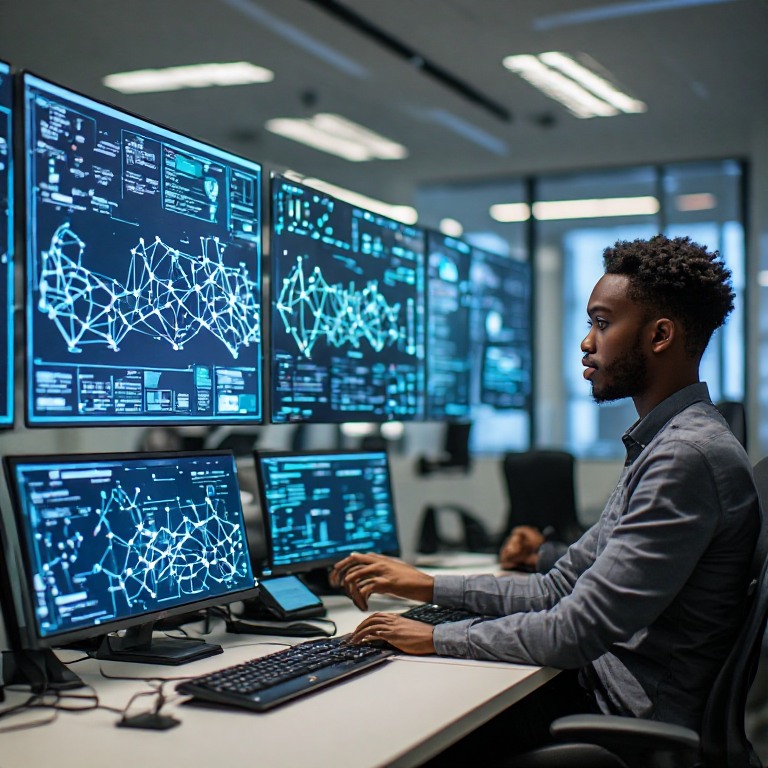 A Black machine-learning engineer studies large neural network diagrams — nodes and connections — across four screens in a research office.