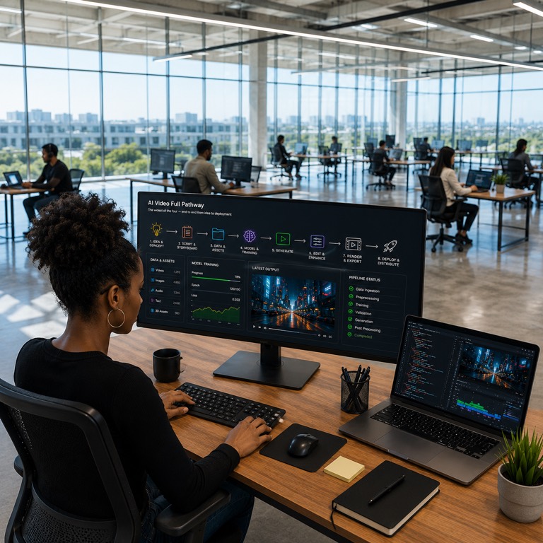 A Black video professional at a full workstation, moving between creative work and the automated pipeline that produces it.