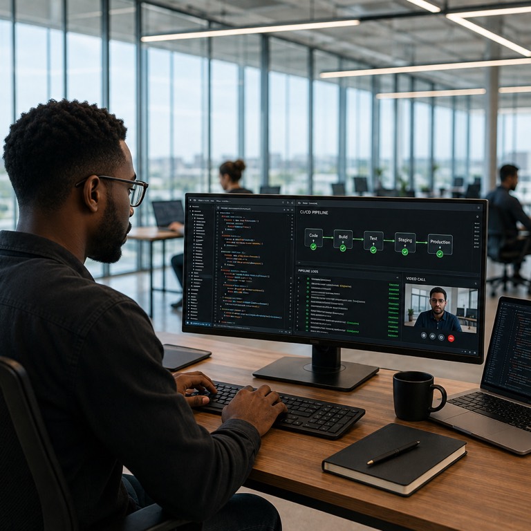 A Black engineer works with code and an automation pipeline on one screen and rendered video on another, building the system rather than the output.