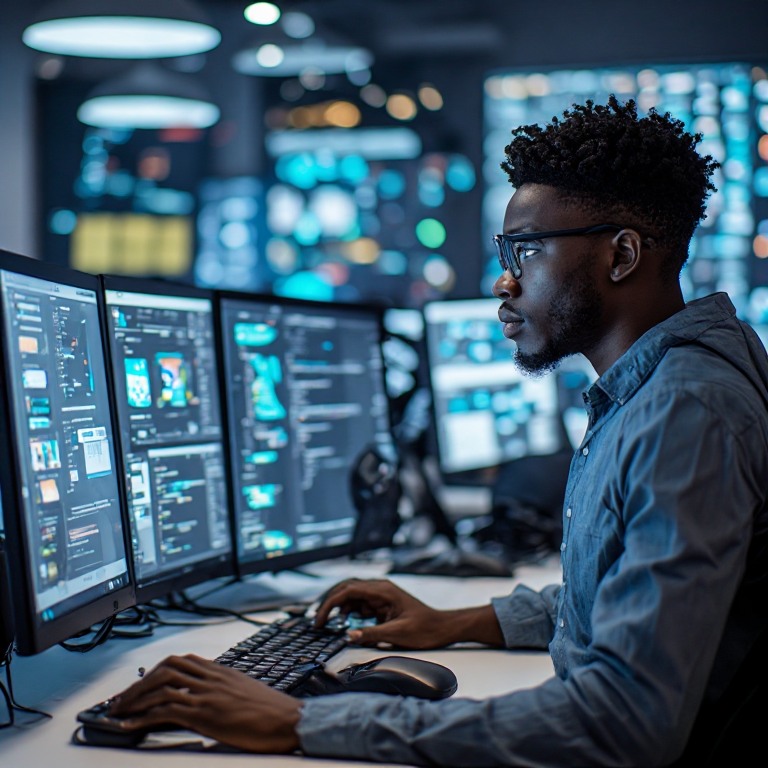 A Black developer in glasses builds an app across several screens of code and interface previews, in a dark studio lit by the monitors.