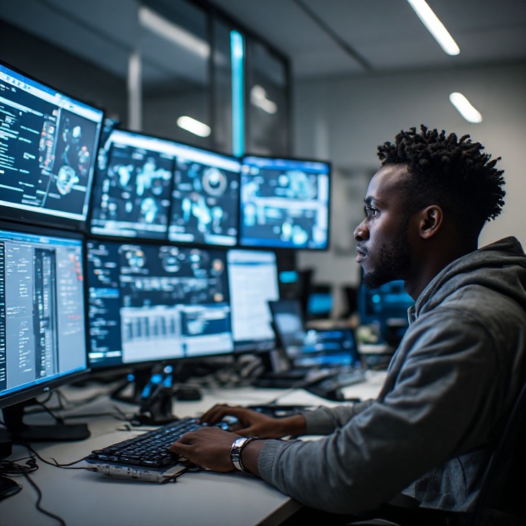 A Black security analyst watches a bank of monitors showing threat maps and network activity in a dimly lit operations room.