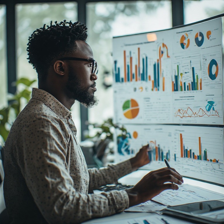 A Black analyst in glasses studies a wall of dashboards — bar charts, pie charts and trend lines — with printed reports open on the desk beside him.