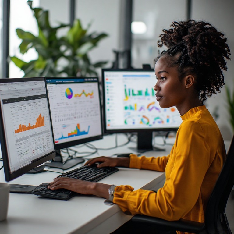 A Black woman in a yellow top reviews campaign analytics — traffic graphs and channel breakdowns — across three screens.
