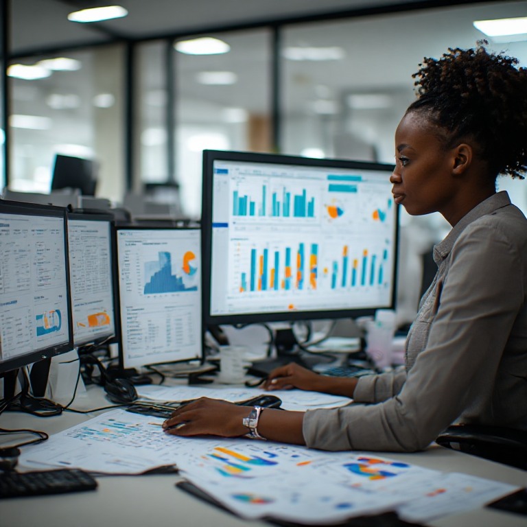 A Black accountant works through spreadsheets and financial charts on several monitors, with printed statements covering the desk.