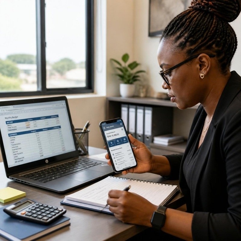 A Black woman at a tidy desk reviews a monthly budget on her laptop while checking a banking app on her phone, a calculator and handwritten figures beside her.