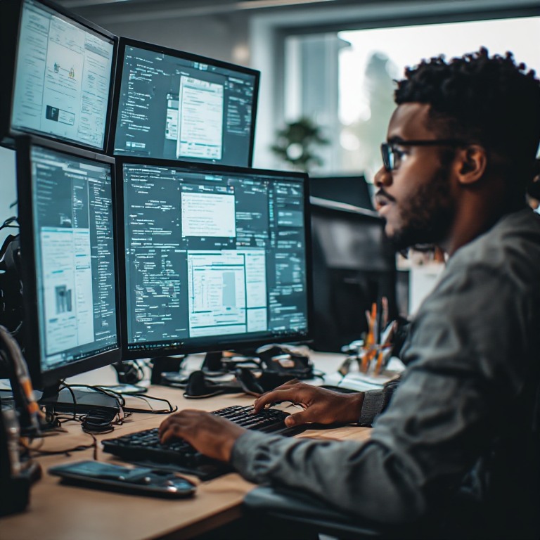 A Black developer types at a four-monitor setup filled with code editors and a browser preview, in a bright open-plan office.
