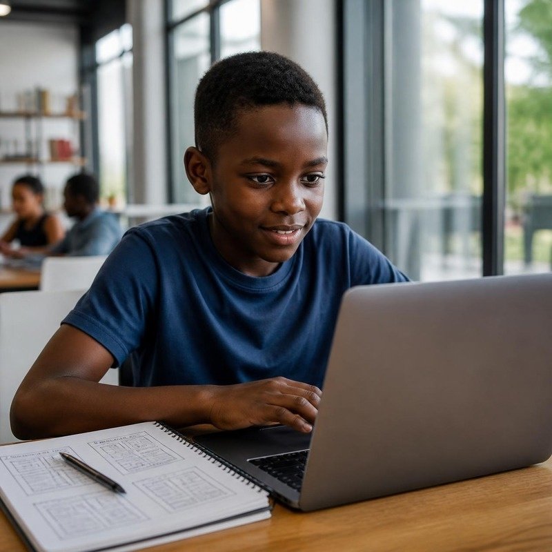 A focused Black pre-teen builds a website on a laptop, a notebook of design sketches open beside them in a bright learning space.