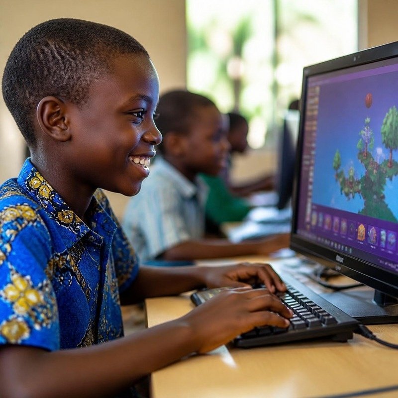 A happy young Black child builds a colourful game on a desktop computer in a bright classroom, other children learning behind them.