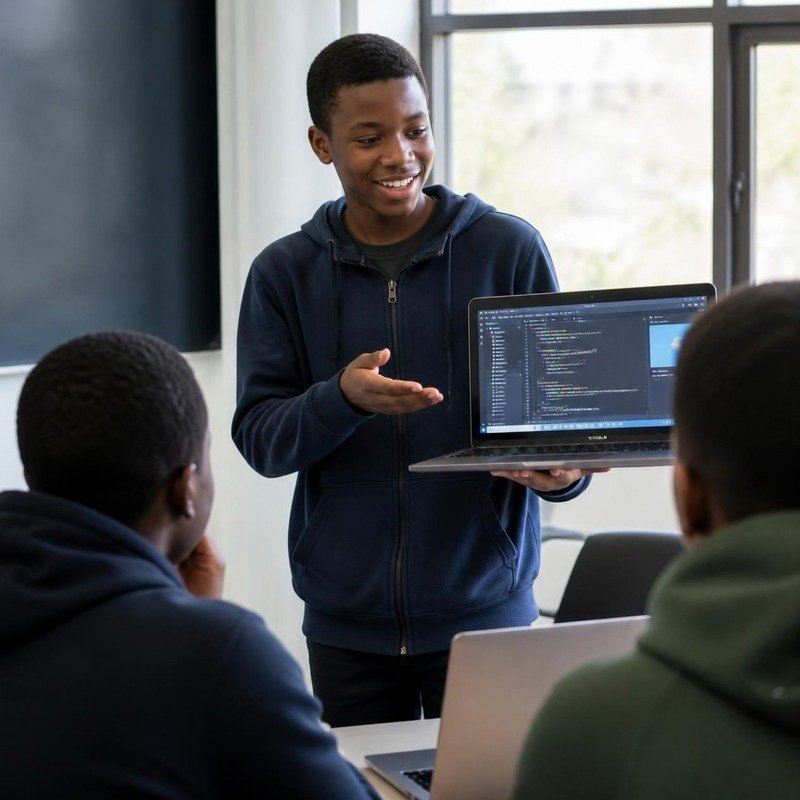 A confident Black teenager presents a coding project on a laptop to classmates, gesturing proudly in a sunlit classroom.