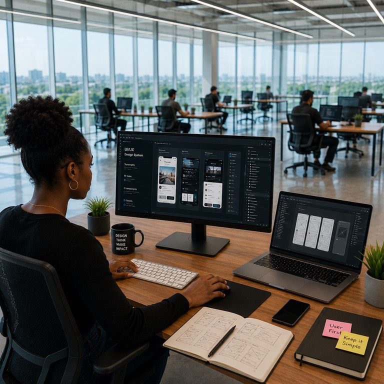 A Black designer reviews four mobile app screens laid out side by side in a design tool on a wide monitor, in a glass-walled office.