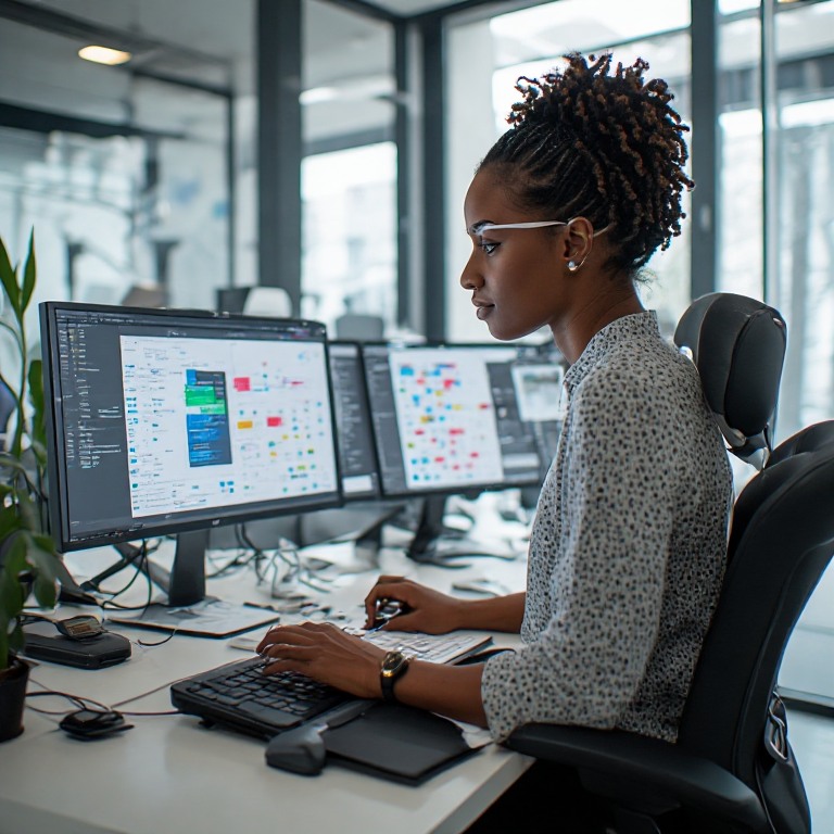 A Black woman works across two monitors of colour-coded schedules and project boards at a tidy office desk.